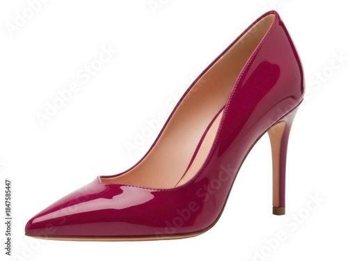 Isolated burgundy patent leather women's shoe with a high heel for fashion and elegant style