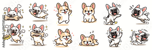 Cute French Bulldog illustrations displaying playful expressions and actions  