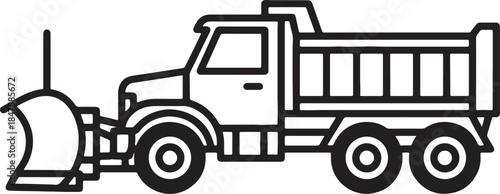 Black and white of a heavy duty dump truck equipped with a front mounted snow plow blade and a raised bed for hauling also transparent background