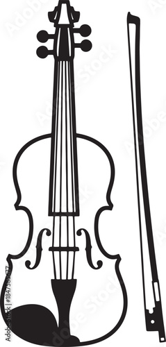 Black and white of a classical violin and its bow positioned vertically side by side showcasing intricate musical instrument details also transparent background
