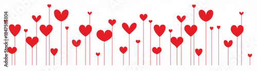 A decorative horizontal border featuring multiple red hearts of various sizes, each attached to a thin, delicate stem, set against a pure white background. 