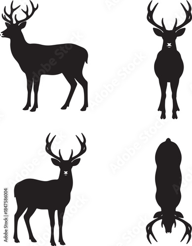 Set of black silhouette depicting a stag or deer from multiple viewpoints including side front and overhead perspectives with large antlers also transparent background