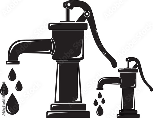 Two black silhouette of vintage hand water pumps with water droplets falling from their spouts representing a classic and rustic water source also transparent background