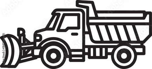 Black and white of a snow plow truck with a large blade attached to the front and a dump bed in the back ready for winter road maintenance and clearing operations also transparent background
