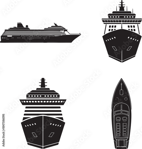Collection of black and white silhouette of cruise ships and a yacht from various angles including side front and views showcasing maritime travel and luxury sea voyages also transparent background