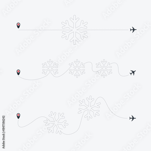 Set of Snowflake airplane. Plane with dashed line in heart shape, travel christmas day romantic concept. Aircraft trip Different flight route with curves