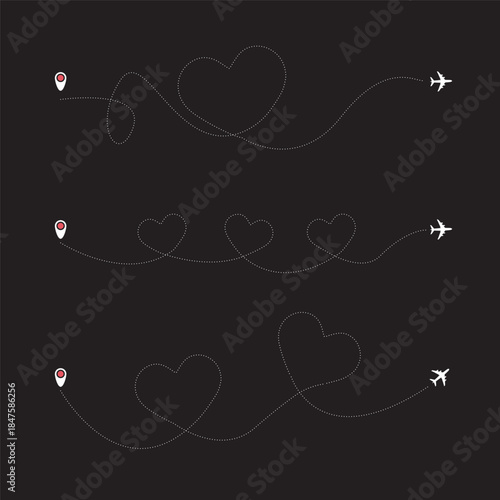 Set of Heart airplane. Plane with dashed line in heart shape, travel love Valentine day romantic concept. Honeymoon journey, aircraft trip Different flight route with curves