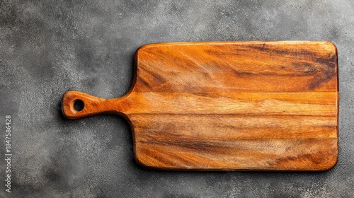Rustic Wooden Cutting Board on Dark Stone Background.