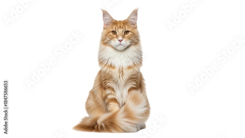Isolated red tabby Maine Coon cat sitting up straight against a neutral backdrop studio shot