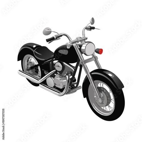 A fast black sport motorbike and chrome chopper motorcycle with a powerful engine and rubber tires isolated on a white background for transport and speed