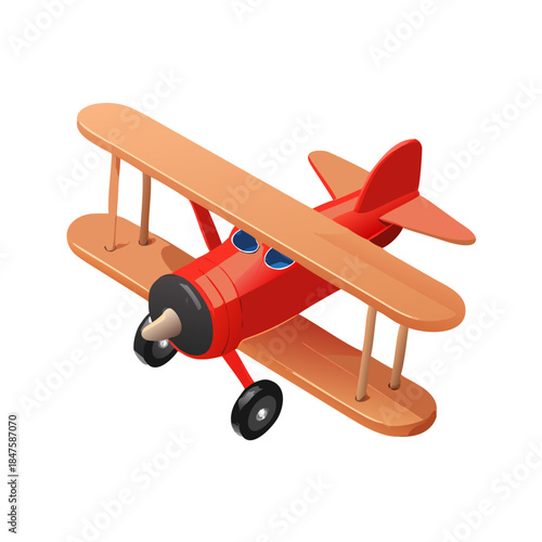 A vintage red toy biplane aircraft with a propeller and wings flies through the air in this retro aviation illustration of an old transport plane isolated on white
