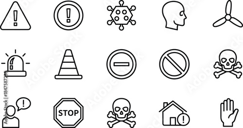 Warning and hazard outline icon set with alert, stop, virus, skull, prohibition and safety notification symbols