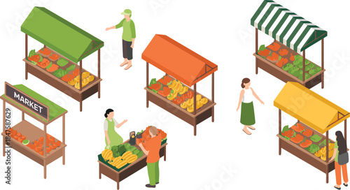 Isometric farmers market illustration with fresh vegetables stalls vendors and customers local organic food shopping concept