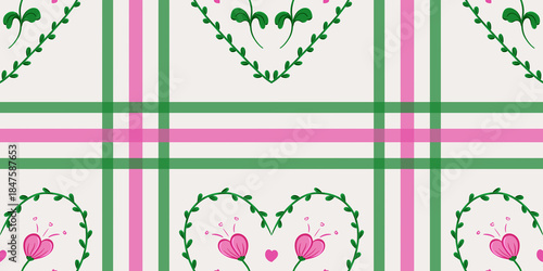 Seamless fabric pattern with hearts and floral designs in green and pink colors for various uses