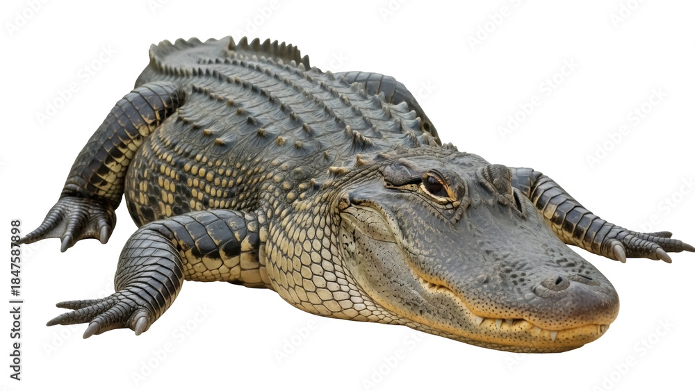 Fototapeta premium Isolated American alligator lies on a surface, with its scaly skin and powerful build visible