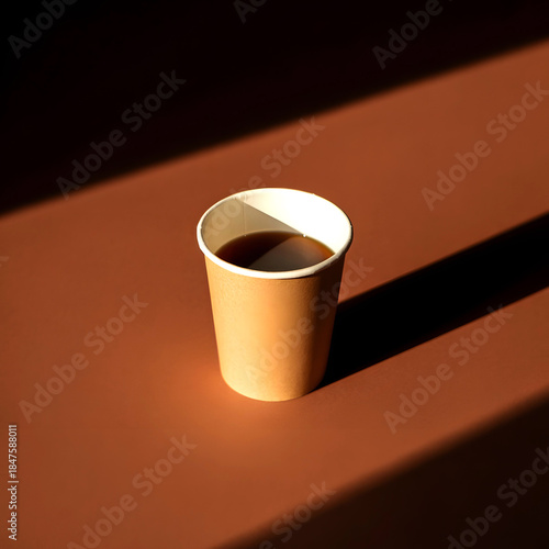 Single disposable paper coffee cup filled with dark coffee dramatically lit by warm sunlight and strong shadows on a brown background ideal for minimalist beverage concepts