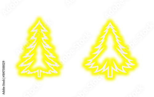 Two glowing yellow stylized Christmas tree icons with white branch details against a on transparent background