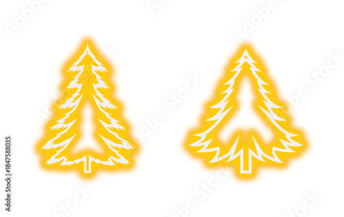 Two glowing stylized orange and white Christmas tree icons with a fiery aura against black on transparent background