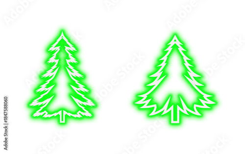 Two glowing neon green stylized pine trees on a stark for holiday design on transparent background