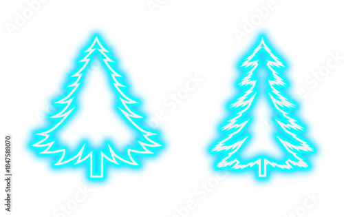 Two glowing neon blue stylized Christmas tree icons with white outlines against a on transparent background