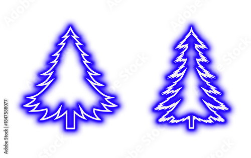 Two stylized glowing blue and white pine tree icons set against a stark for winter on transparent background