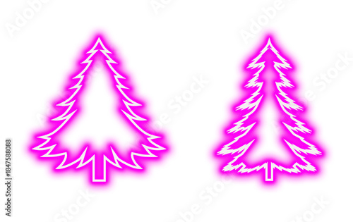 Two glowing neon pink Christmas tree icons with white outlines against a stark for holidays on transparent background