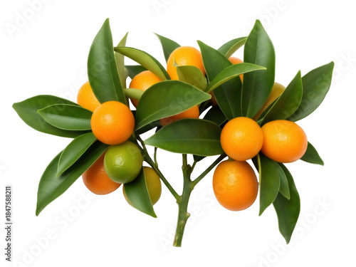 Photos Isolated calamondin citrus fruit with leaves on stem, vibrant and natural still
