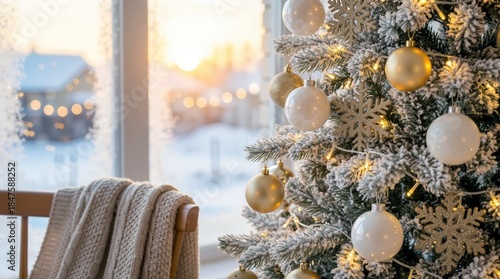 A warm and inviting indoor view of a beautifully decorated Christmas tree with white and gold ornaments, set against a frosted window showing a snowy sunset landscape. Generative AI.