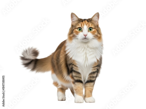 Tableau sur toile Isolated cat standing elegantly, a magnificent longhair with calico markings and