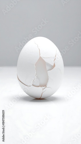 Cracked egg shell with large central opening. White, bright, stark background