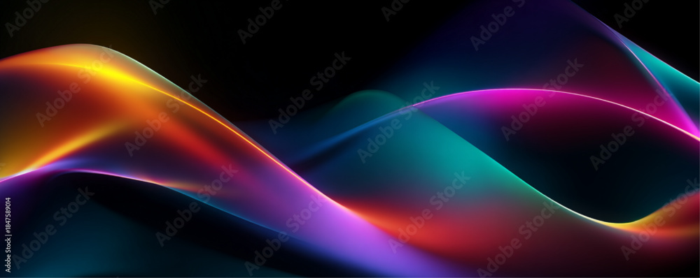 Naklejka premium Vibrant violet neon lines ripple across the background with glowing edges, forming a dreamy, futuristic, and immersive digital design. vector