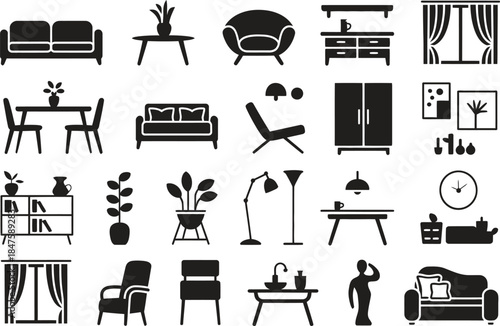Furniture and Interior Silhouette Icon Set with Living Room, Home Decor, Office and Household Objects Black Vector Illustration