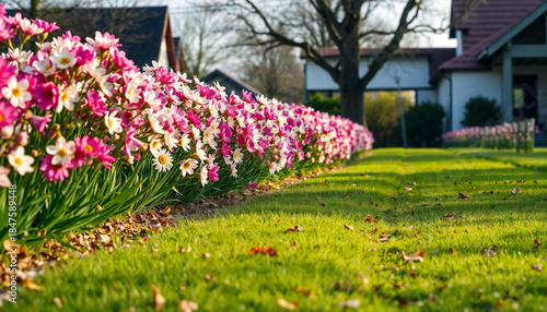 Row of Pink and White Spring Flowers Along Green Lawn in Residential Garden