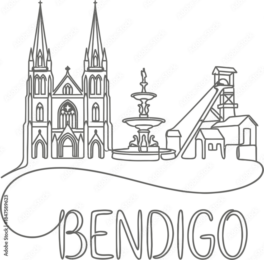 Fototapeta premium Bendigo Australia Skyline Continuous Line Drawing Vector Illustration