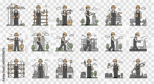 Collection of Construction Worker Illustrations in Various Poses.