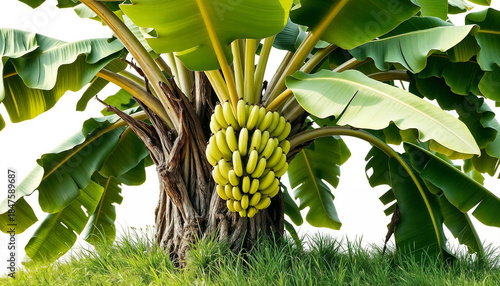 Banana Tree with Ripe Green Banana Bunch Isolated on White Background