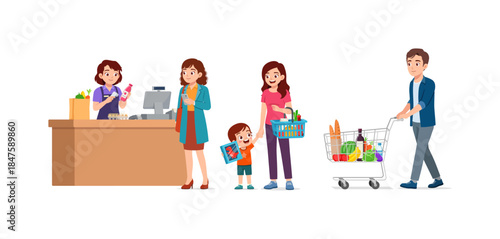 Diverse happy people shopping for groceries at a supermarket checkout counter with a smiling cashier