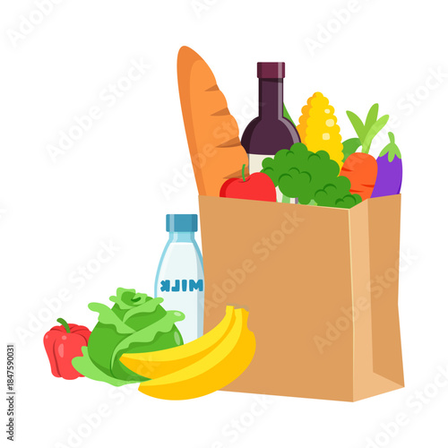 Assortment of fresh healthy groceries in a brown paper shopping bag with milk and bananas