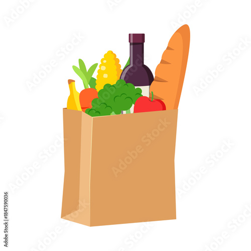 Brown paper grocery bag overflowing with fresh healthy produce fruits vegetables bread and wine