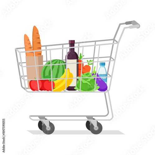 Shopping Cart Full of Fresh Healthy Food and Groceries for Consumer Lifestyle Flat Illustration