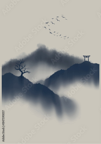 Serene Japanese ink landscape featuring a torii gate, ancient tree, and a flock of birds