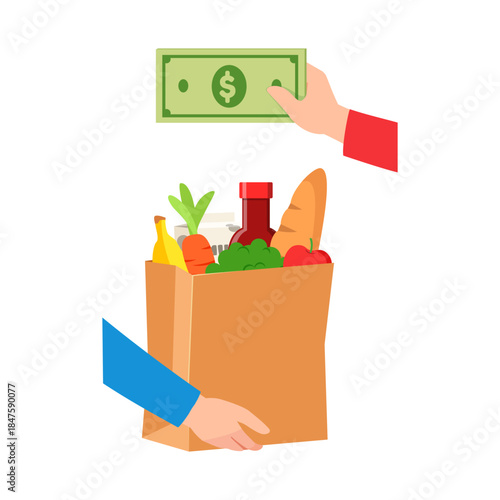 Hand Paying Money for Groceries in a Paper Bag Food Shopping Transaction Concept