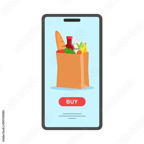 Smartphone app displaying a paper bag full of groceries with a buy button for convenient online shopping service