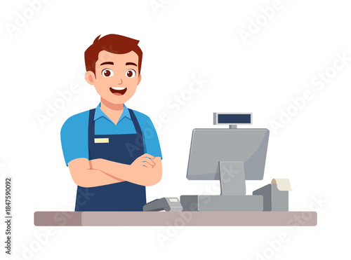 Happy male cashier in a blue uniform standing with crossed arms at a checkout counter smiling friendly