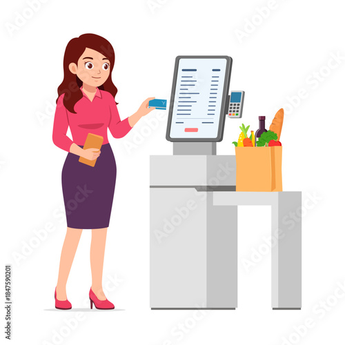 Happy young Asian woman paying for groceries at a self checkout counter with a credit card and a friendly expression