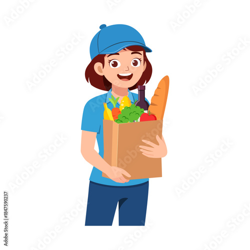 A cheerful young Asian woman delivers groceries in a blue uniform with a friendly smile holding a bag of fresh food