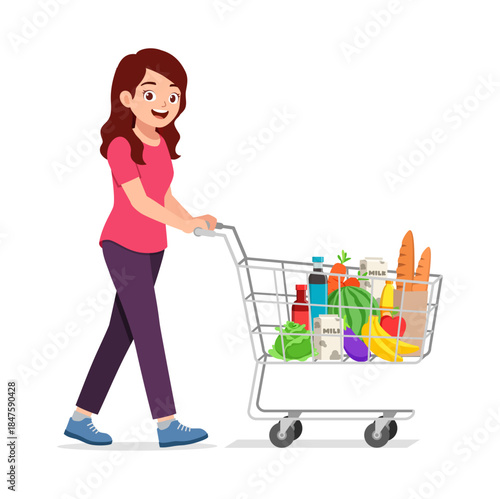 A smiling young woman pushing a full grocery cart shopping happily at the supermarket illustration