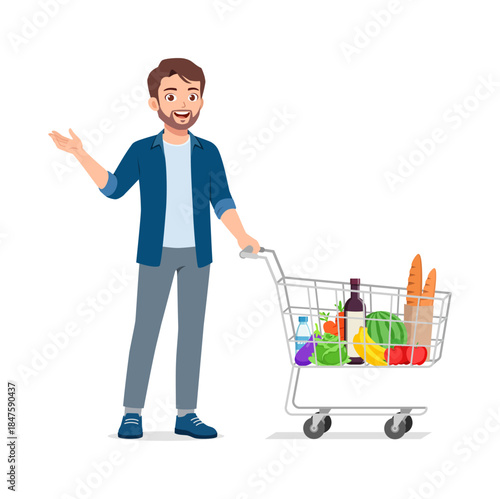 Smiling Caucasian man pushing a full grocery shopping cart looking happy and friendly gesturing with his hand