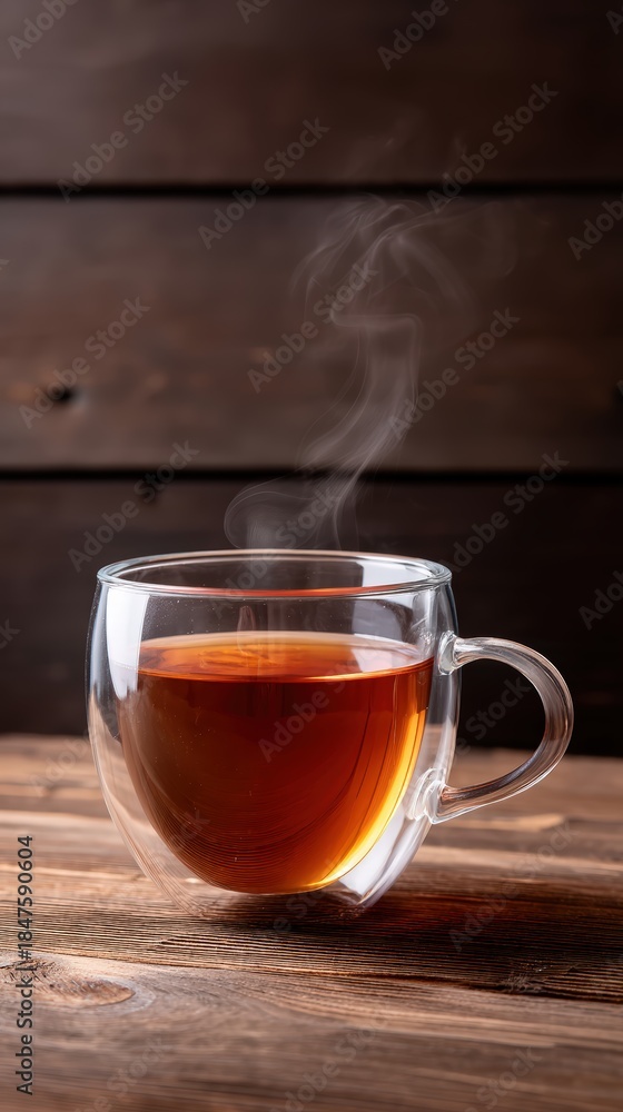 Fototapeta premium Hot hojicha in a clear glass cup, steam curling, Solid toasted brown background, Warm backlight with glowing liquid, Amber tea, soft steam, Cozy beverage photo, centered