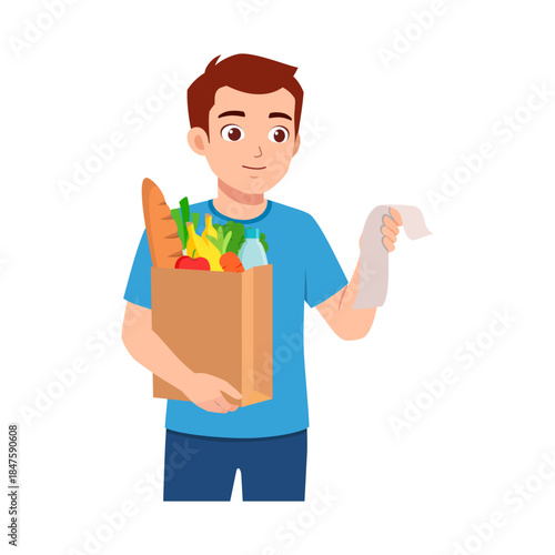 Young Caucasian man smiling holding groceries paper bag and a long receipt after shopping
